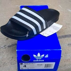 Adidas Kids Black and White Adilette J Slides Size 4